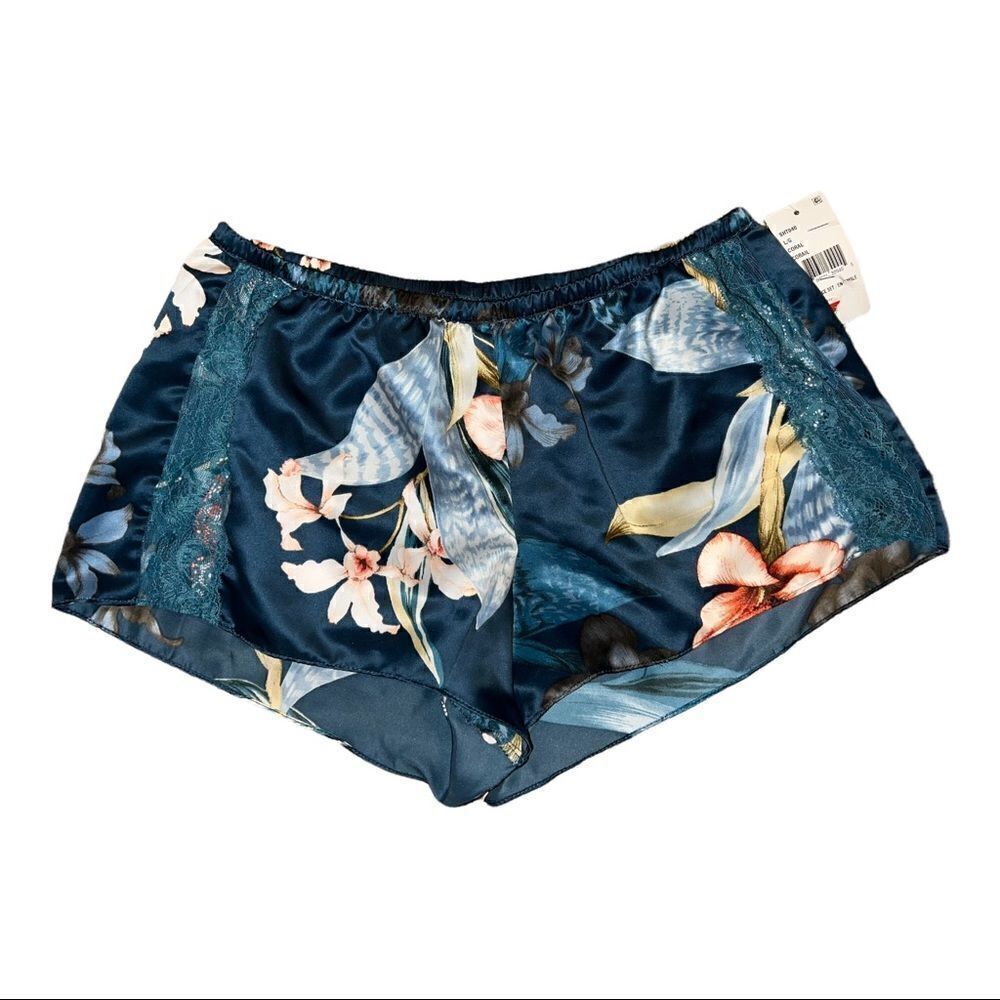 Linea Donatella Womens Blue Floral Tap Shorts with Lace Detail Pajama Small NWT